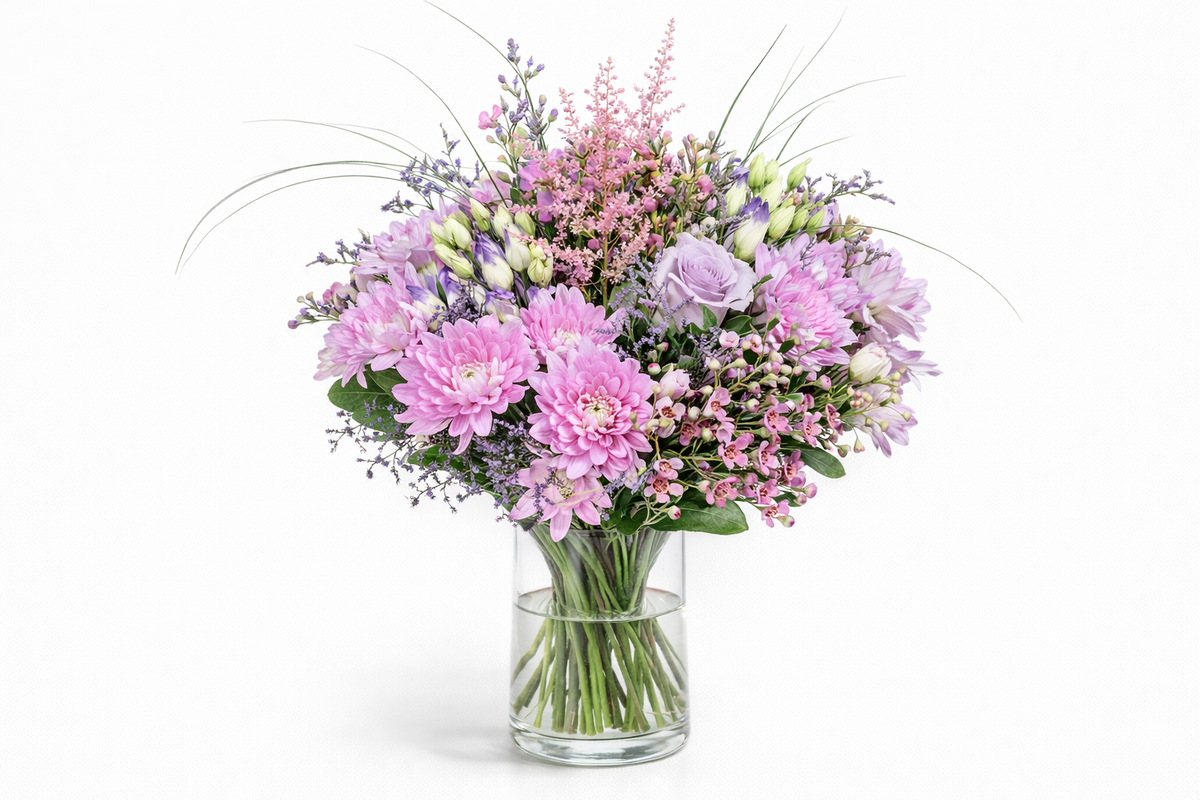 Bouquet Harmonie Rosée avec chrysanthèmes roses et roses mauves