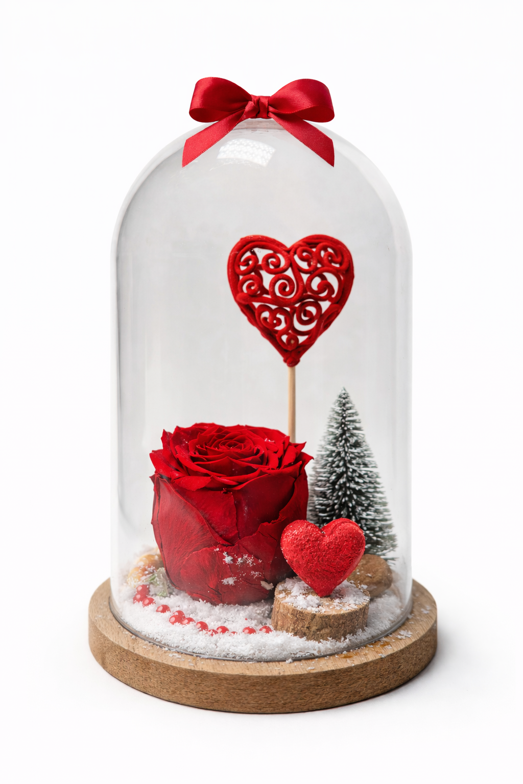 Rose éternelle rouge sous cloche avec cœur décoratif – Cadeau d’amour intemporel