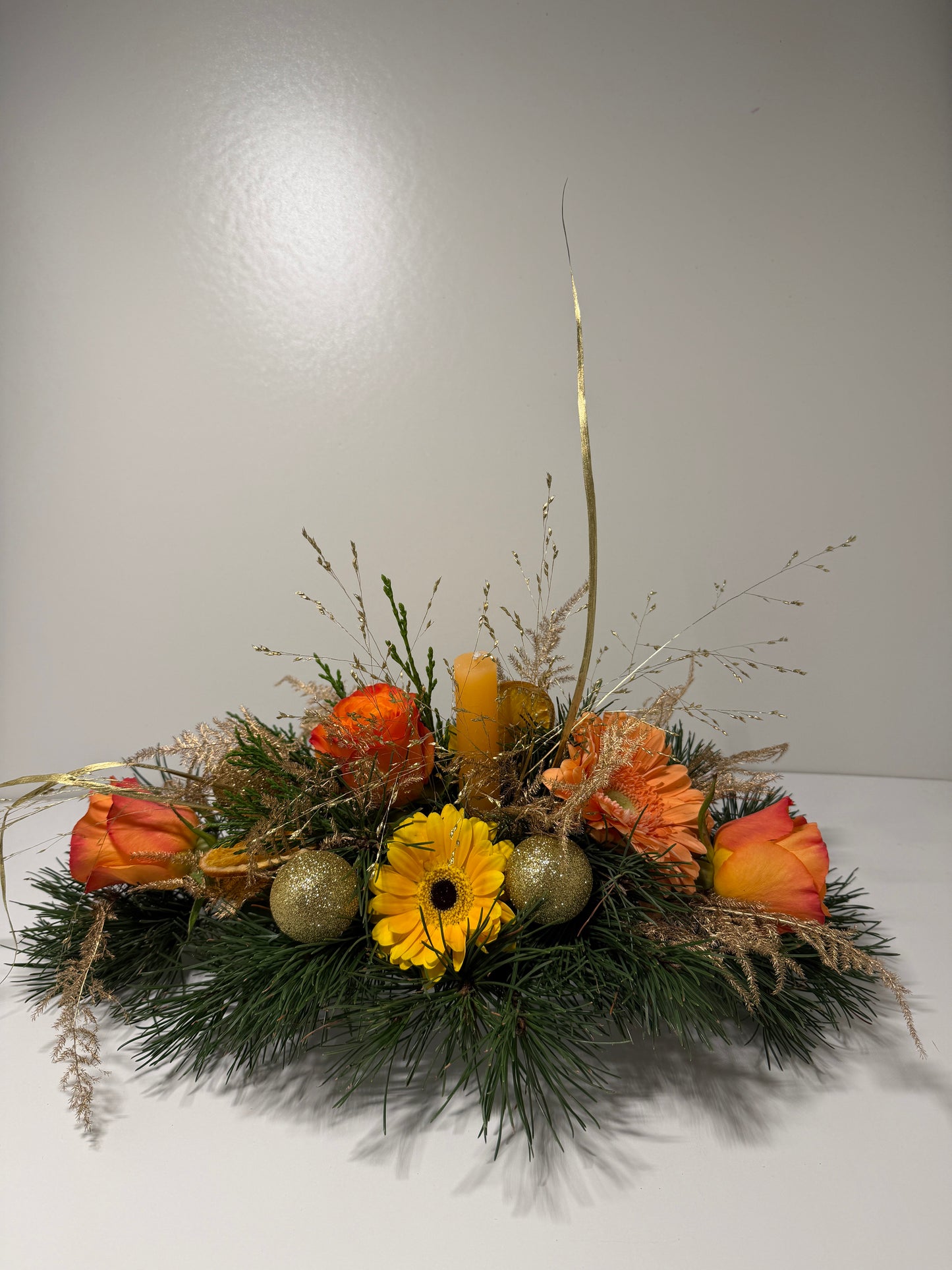 Centre de table aux tons orangés & dorés