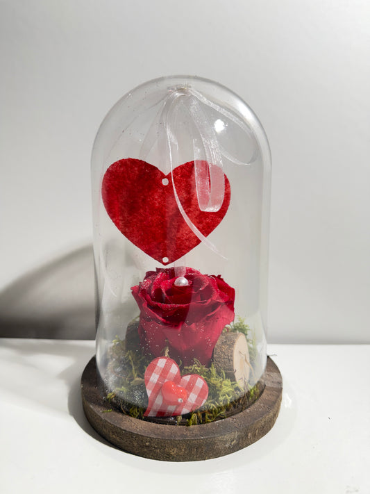 Rose Éternelle Rouge sous Cloche avec Cœurs Suspendus – Création Artisanale