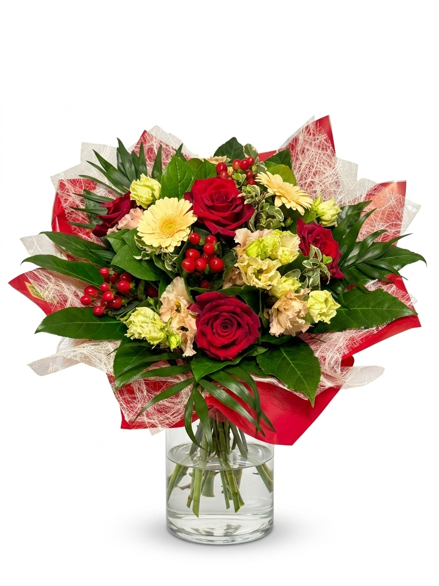 Bouquet Rouge et Jaune Élégant avec Roses et Gerberas