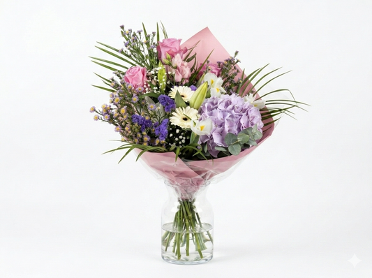Bouquet romantique : roses roses et hortensia bleu
