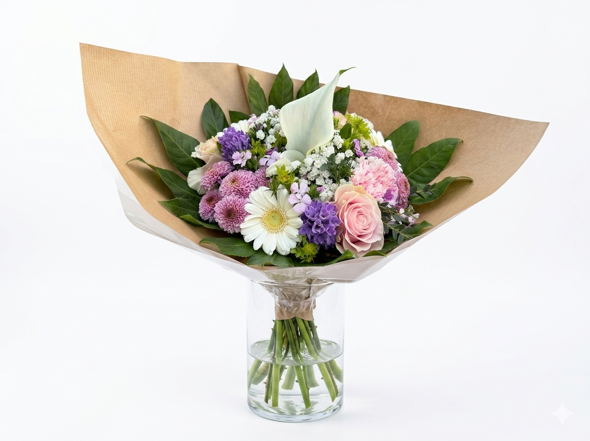 Bouquet Pastel d'Exception – Lys Calla, Roses Tendres et Jacinthes Mauves