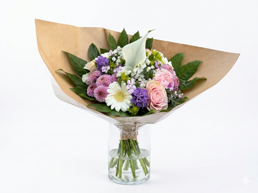 Bouquet Pastel d'Exception – Lys Calla, Roses Tendres et Jacinthes Mauves