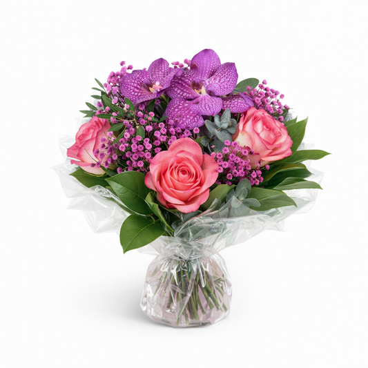 Bouquet Élégance Rosée – Roses et Orchidées Violettes