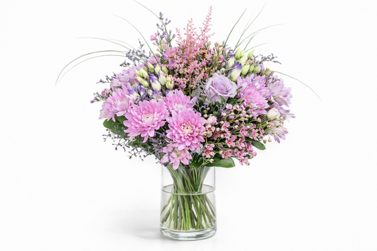 Bouquet Harmonie Rosée avec chrysanthèmes roses et roses mauves