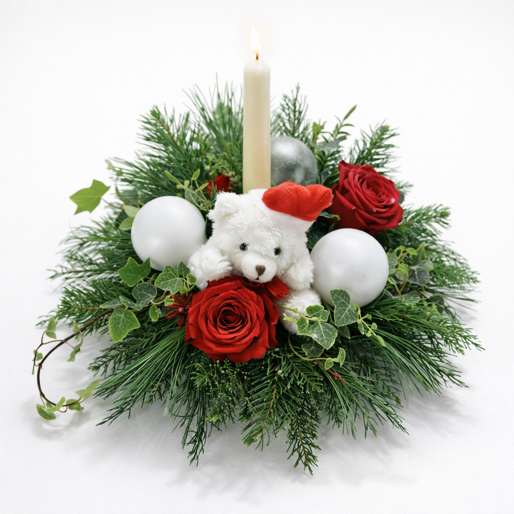 Composition florale avec ourson et bougie – Esprit Douceur