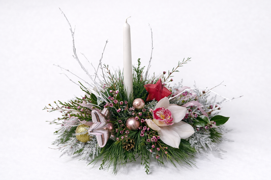 Centre de table rose poudré & blanc – Bougie élégance hivernale