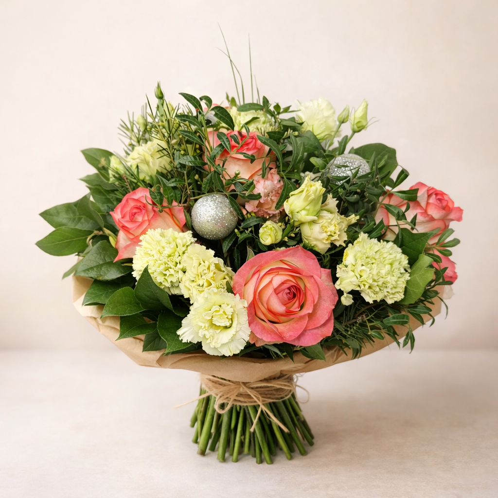 Velours Rosé et Lumière Végétale, Bouquet Signature aux Roses Pêche et Fleurs de Saison