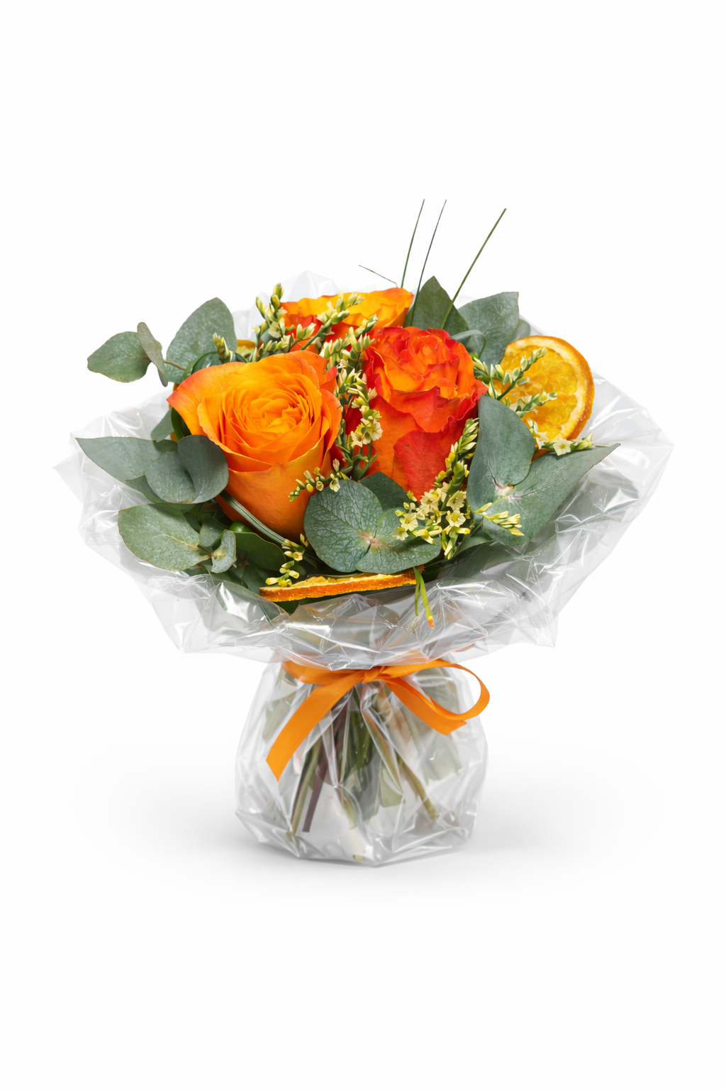 Bouquet de roses orange & feuillage eucalyptus