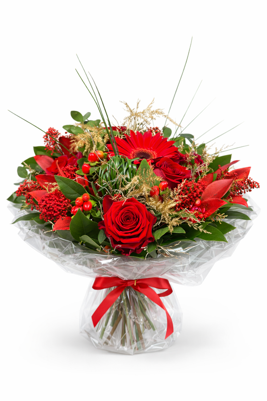 Bouquet passion écarlate de roses rouges et éléments végétaux dorés