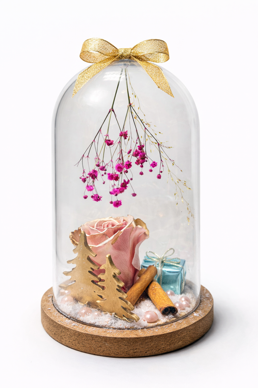 Rose éternelle rose poudré sous cloche en verre – Création douce et raffinée
