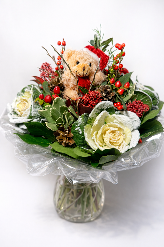 Bouquet avec ours en peluche – Composition florale festive