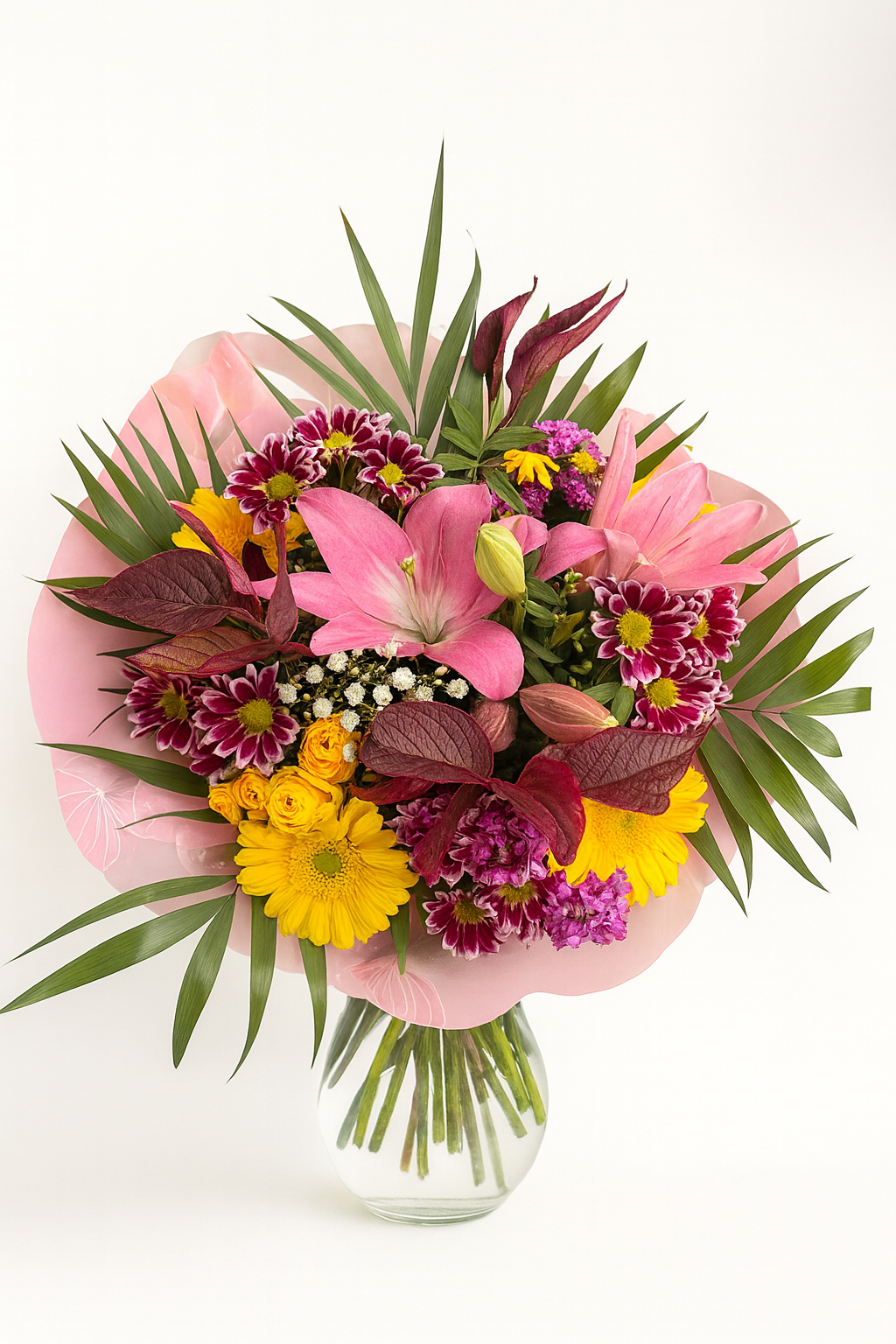 Bouquet Rayons de Soleil – Lys Roses & Fleurs Colorées