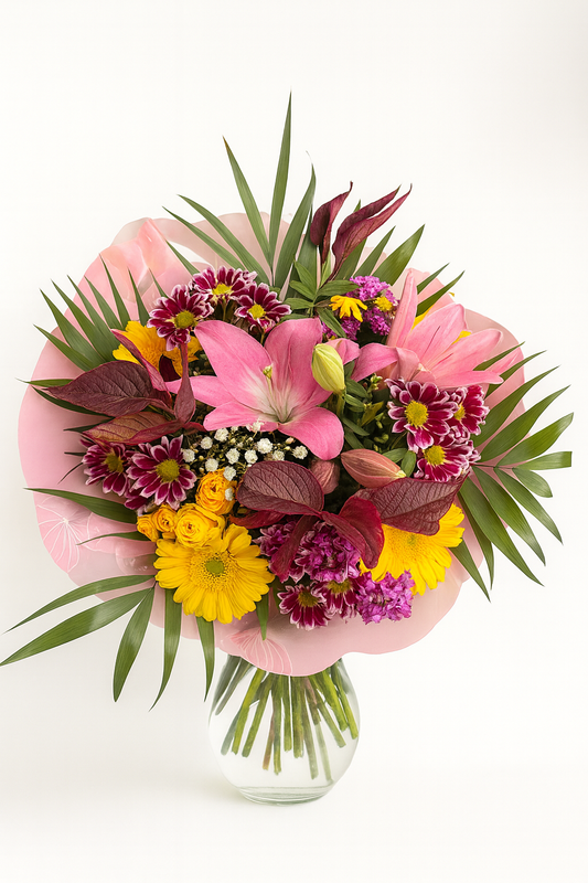 Bouquet Rayons de Soleil avec lys roses, gerberas jaunes et fleurs colorées