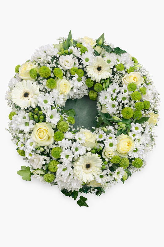 Couronne de deuil blanche et verte – Fleurs naturelles