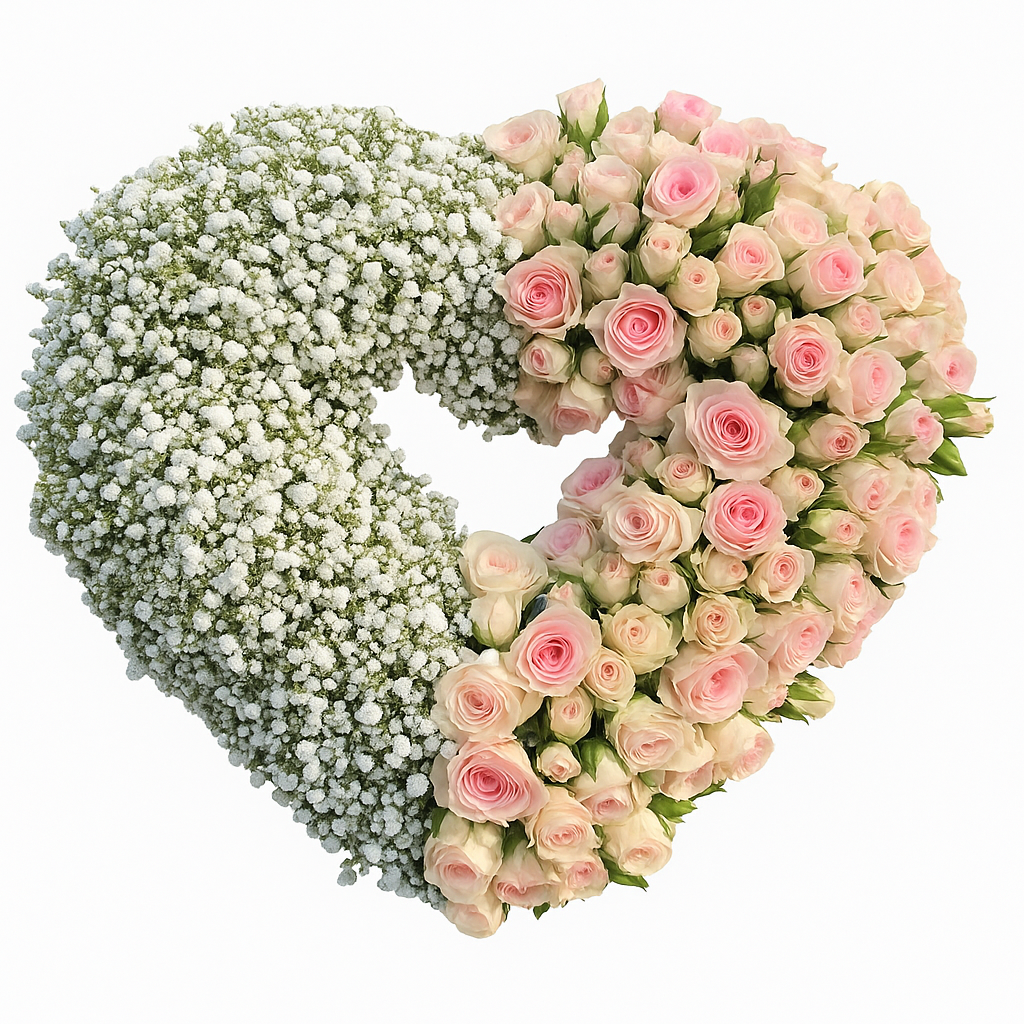 Cœur de roses et gypsophile – Hommage tendre