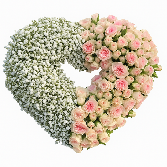 Cœur de roses et gypsophile – Hommage tendre