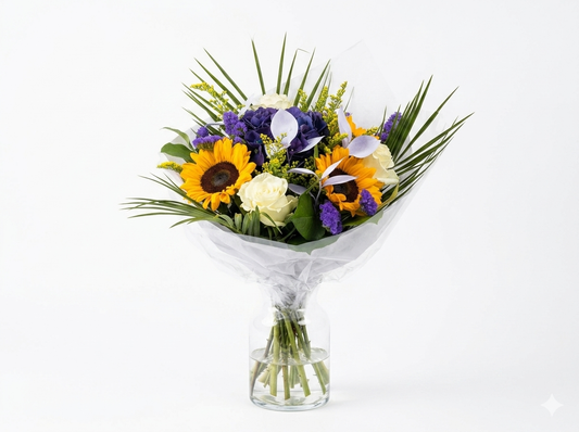 Bouquet solaire et élégant : tournesols et roses blanches