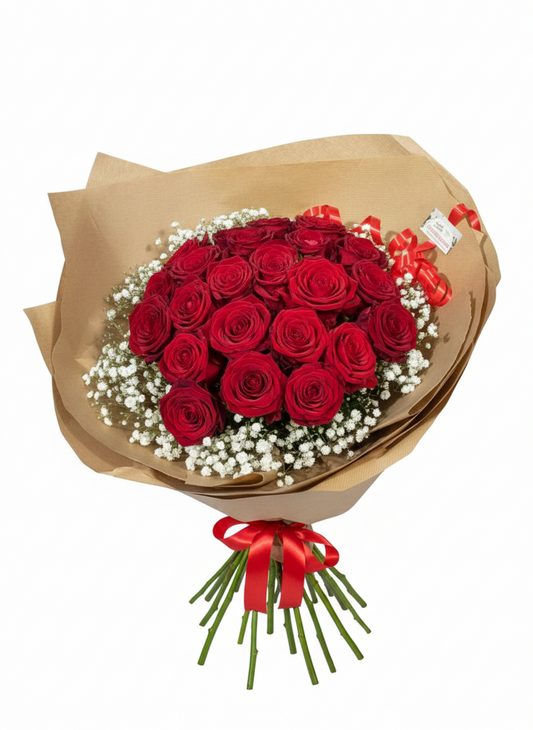 Bouquet Passion Absolue avec roses rouges et gypsophile blanc