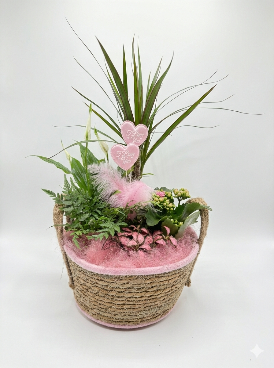 Panier de Plantes "Tendresse Rose" – Composition Florale Douce & Romantique