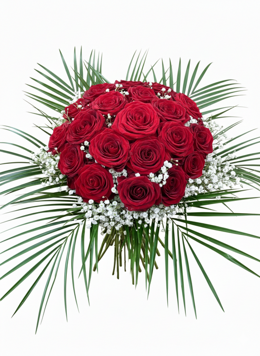 Bouquet Passion Éternelle avec roses rouges et gypsophile