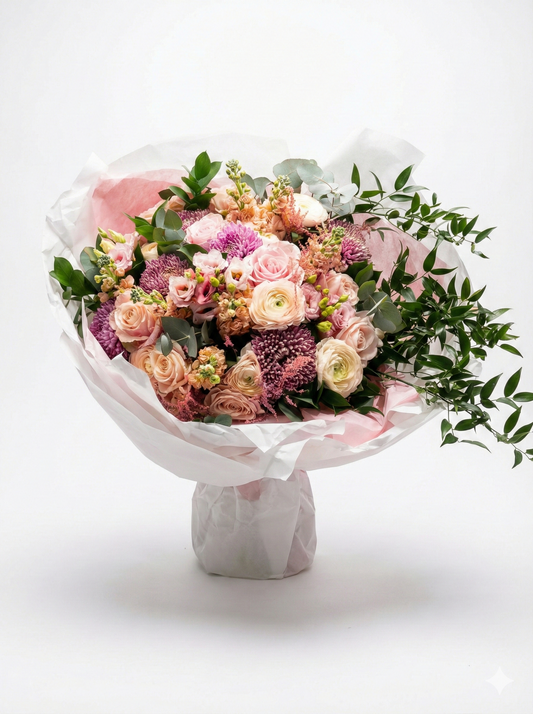 Bouquet Rond "L'Éclat Poudré" – Roses, Renoncules & Tons Pastels