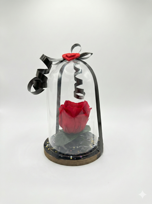 Rose Éternelle Rouge sous Cloche avec Ruban Noir – Collection "Glamour"
