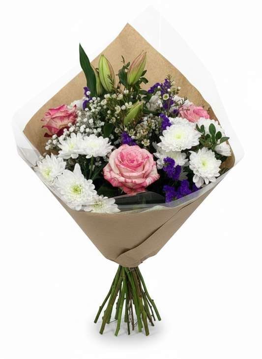 Bouquet Jardin d'Iris avec roses marbrées et lys