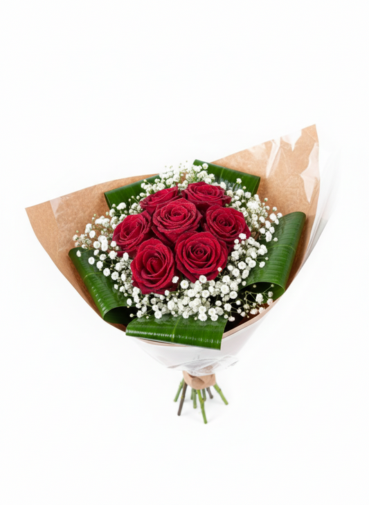 Bouquet Passion Intemporelle avec roses rouges et gypsophile