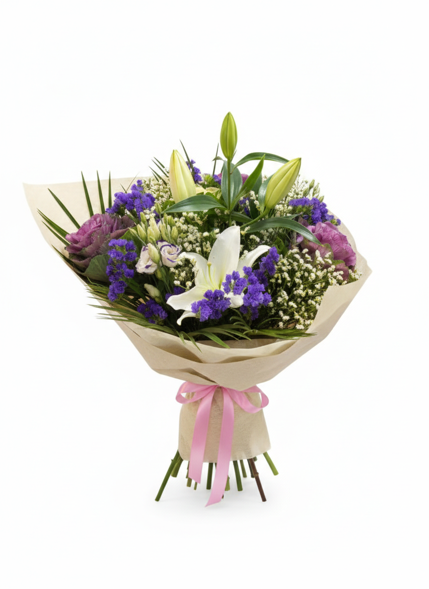 Sérénité Royale - Bouquet de fleurs fraîches Lys Blancs et Statice Violet