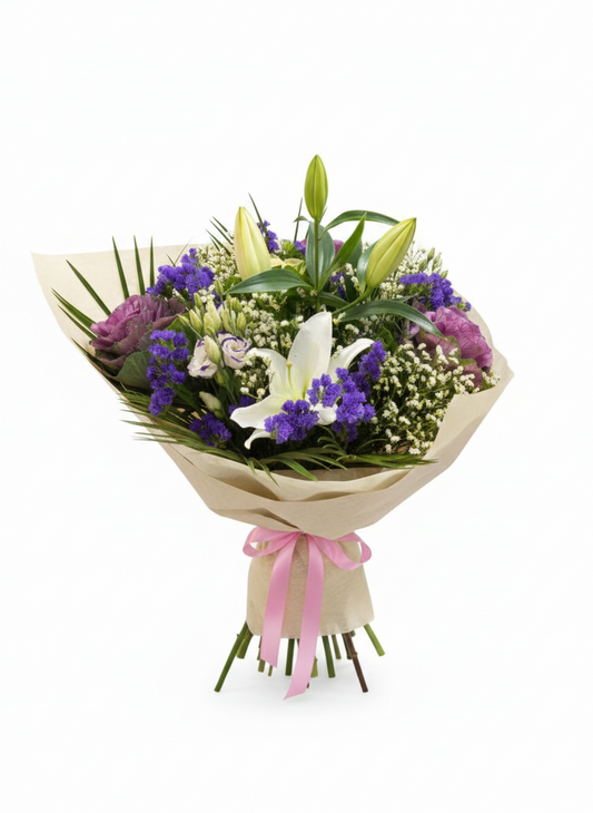 Sérénité Royale - Bouquet de fleurs fraîches Lys Blancs et Statice Violet
