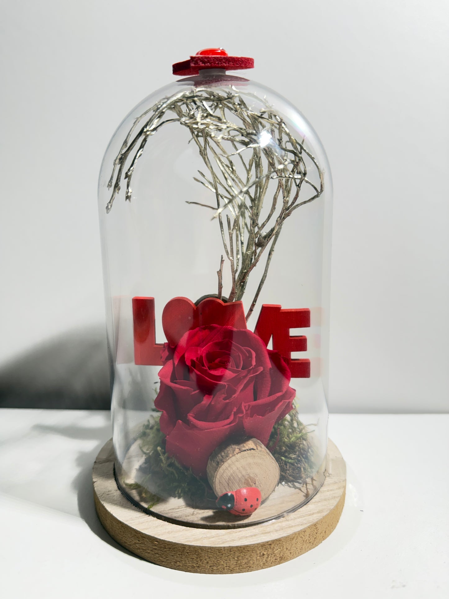 Rose Éternelle Rouge sous Cloche "LOVE" – Composition Romantique & Porte-Bonheur