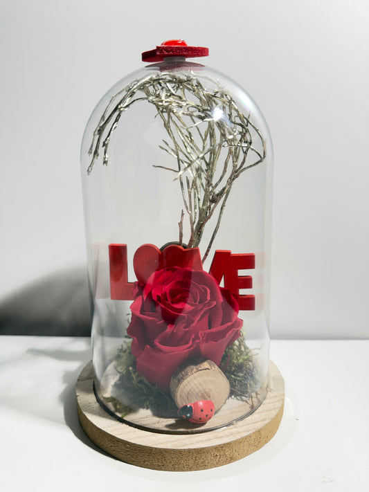 Rose Éternelle Rouge sous Cloche "LOVE" – Composition Romantique & Porte-Bonheur