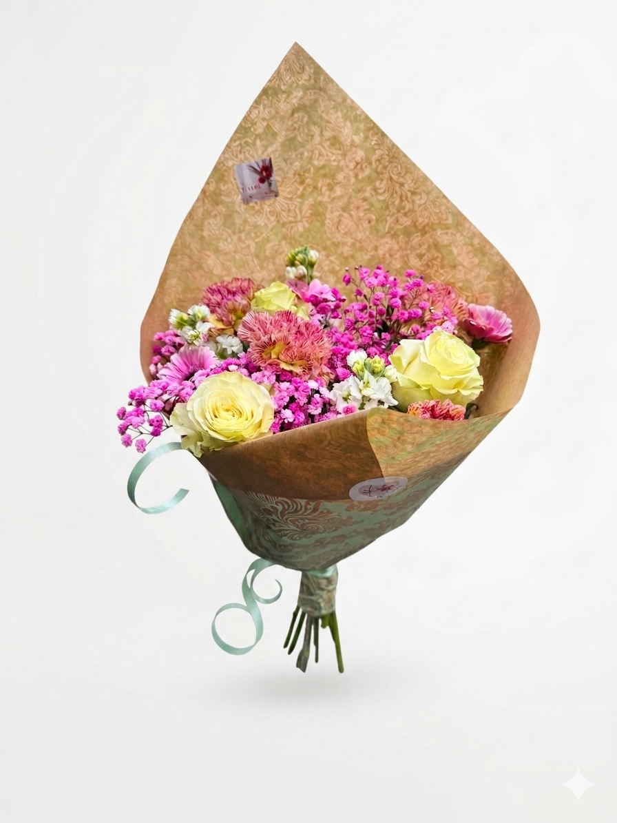 Bouquet Romantique Rose, Gerbera et Rose Jaune