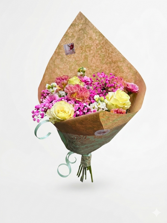 Bouquet Romantique Rose, Gerbera et Rose Jaune