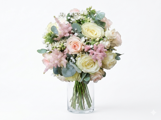 Bouquet romantique de roses crème et rose pâle, gypsophile et eucalyptus