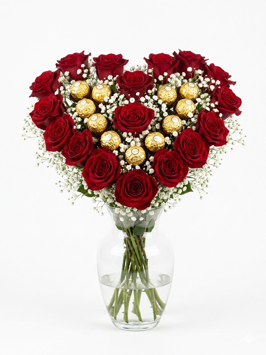 Bouquet Cœur Roses Rouges et Chocolats