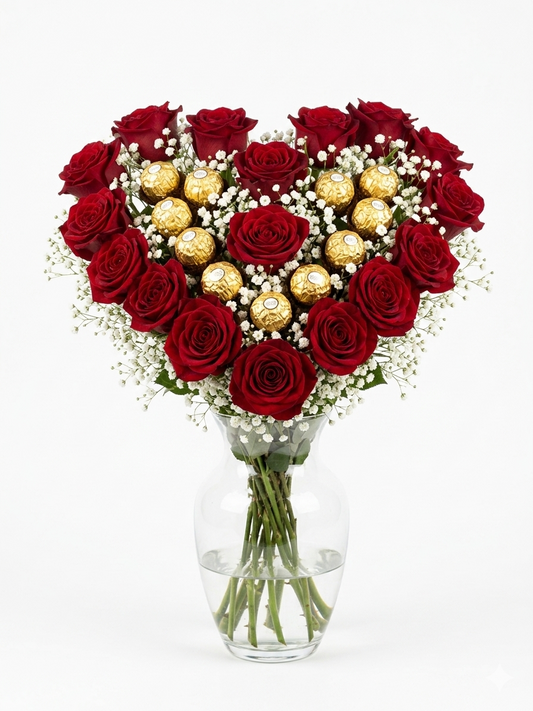 Bouquet Cœur Roses Rouges et Chocolats