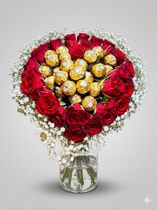 Bouquet Cœur Roses Rouges et Chocolats